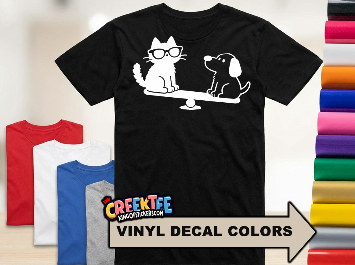 Cat and Dog Playing  Fun HTV Vinyl Print Tees  Assorted Colors and Sizes 