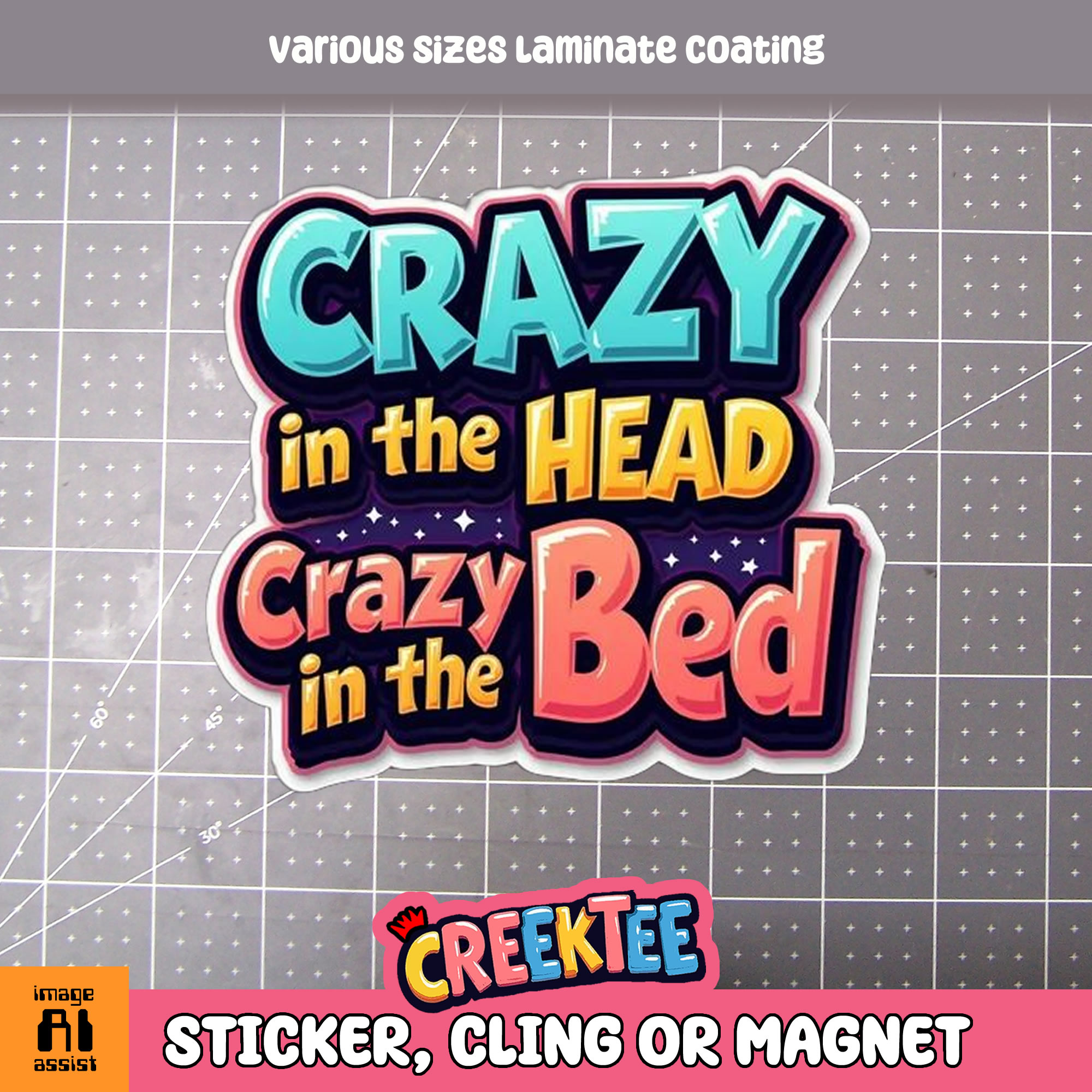 Crazy in the Head  Crazy in the Bed Die Cut Vinyl Sticker  Window Cling or Magnet with Laminate Coating in Various Sizes