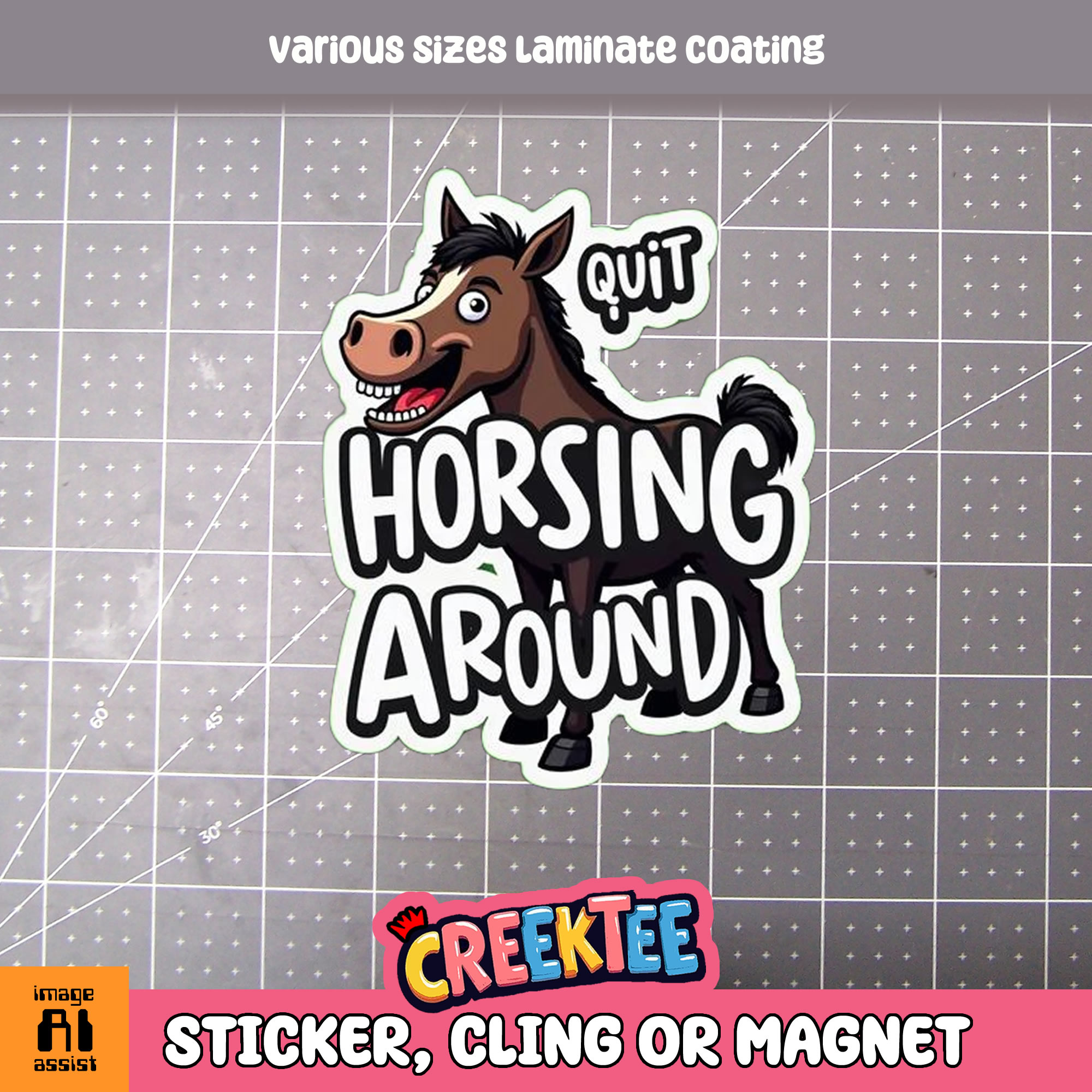 Quit Horsing Around Die Cut Vinyl Sticker  Window Cling or Magnet with Laminate Coating in Various Sizes