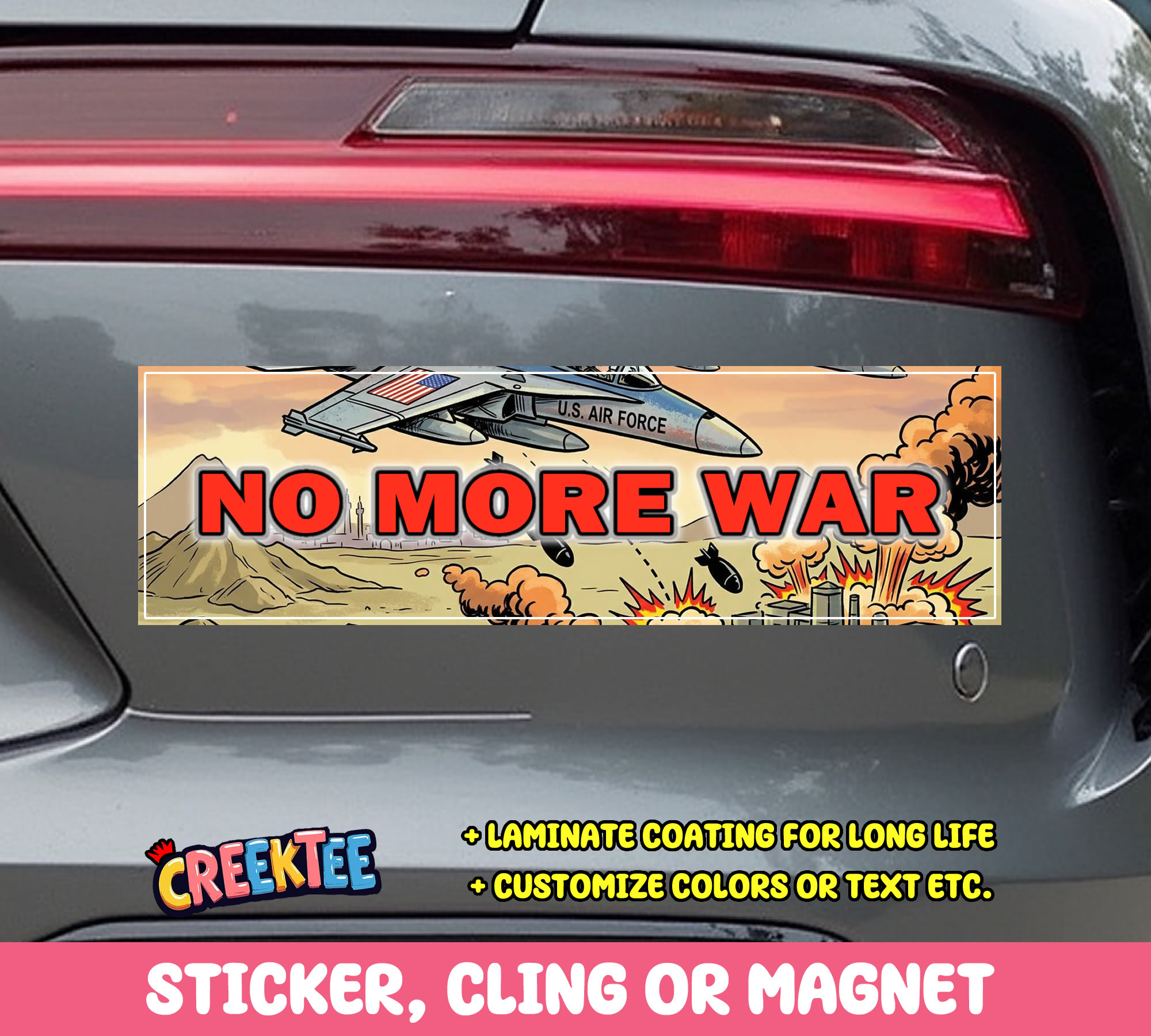 No More War Vinyl Bumper Sticker  Window Cling or Magnet in UV Laminate Coating and Various Sizes